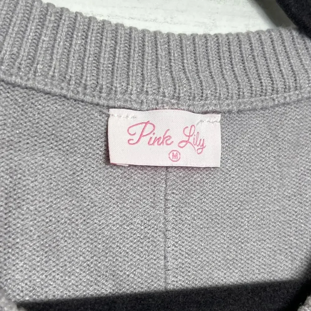 Pink Lily Gray Heart Sweater Oversized Cozy Knit Pullover Size Medium